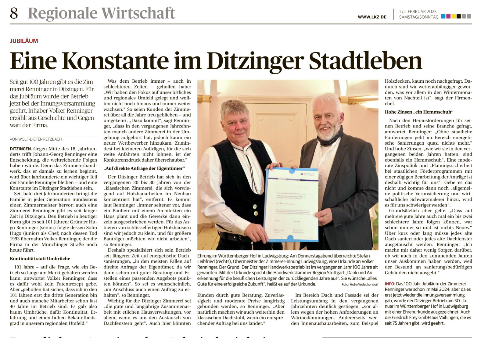 Zeitungsartikel Ludwigsburger Kreiszeitung zum 100-jährigen Jubiläum